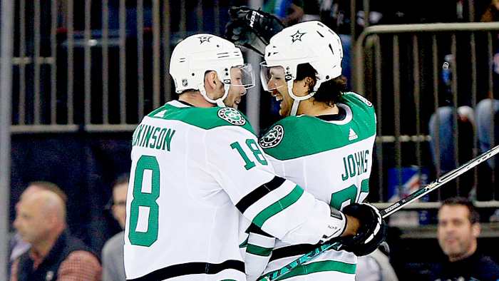 Stars defenseman Stephen Johns celebrates a goal against the Rangers